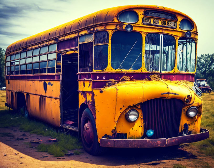 Decaying yellow school bus with faded paint and rust.