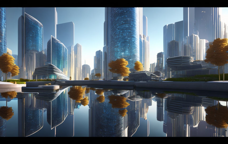 Reflective skyscrapers and golden trees in futuristic cityscape