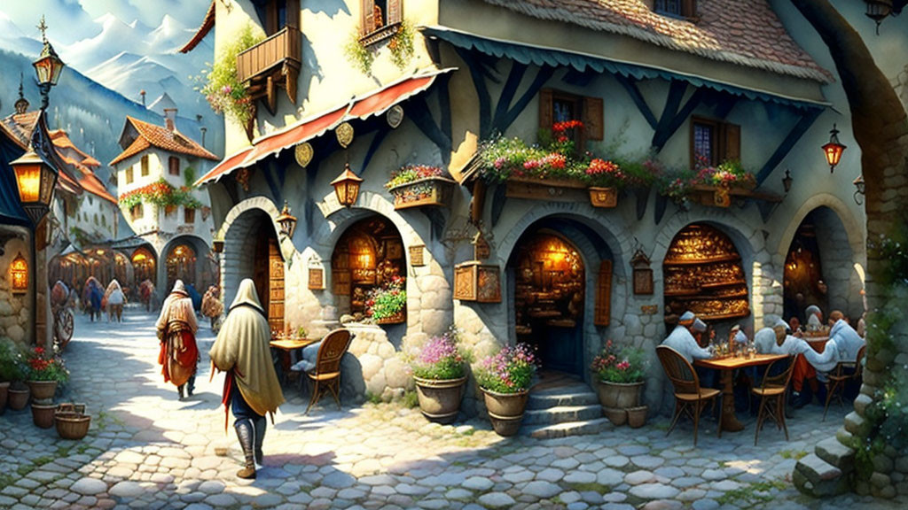 Medieval street scene with stone buildings and townsfolk in daily activities