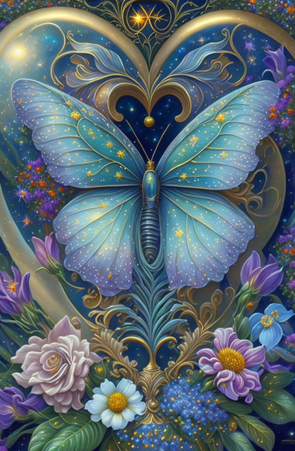 Colorful butterfly with ornate wings in celestial scene