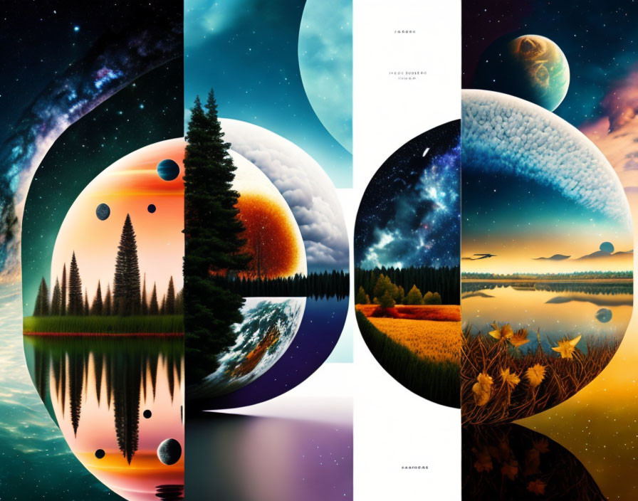 Four surreal landscapes blending nature and cosmic elements in vivid colors