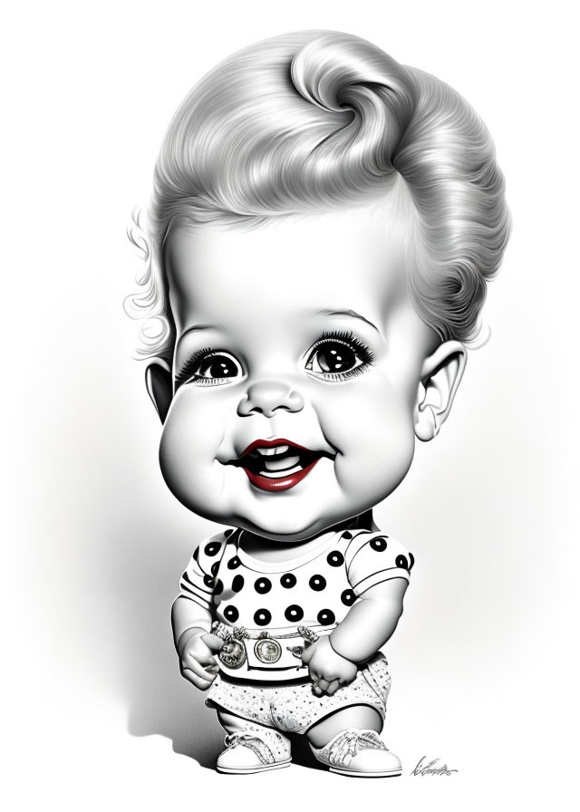 Caricatured baby illustration with big head and large eyes