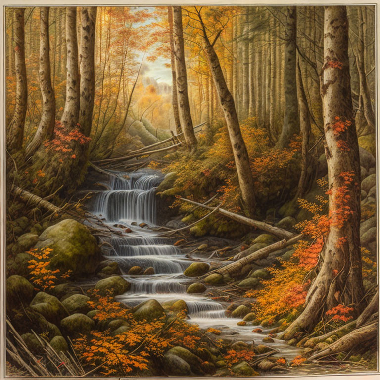 Scenic autumn forest with cascading stream and golden leaves