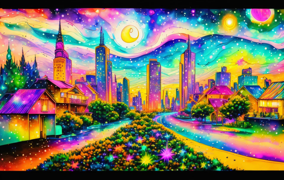 Vibrant cityscape artwork under cosmic sky