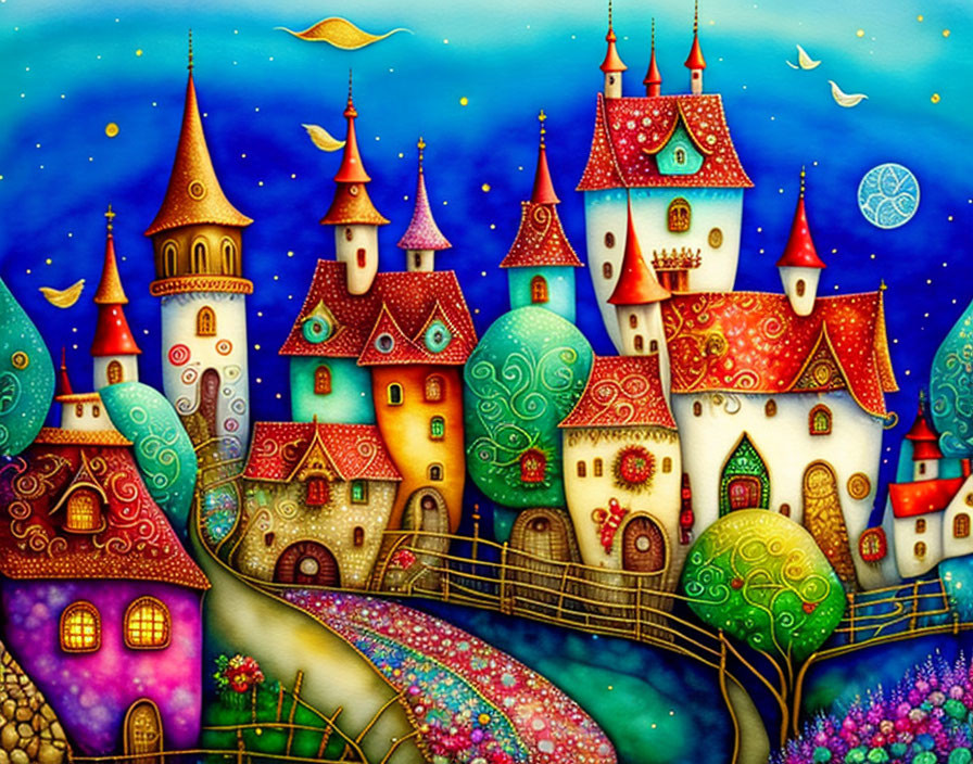 Colorful fairy tale castle painting with patterned towers and rainbow pathway