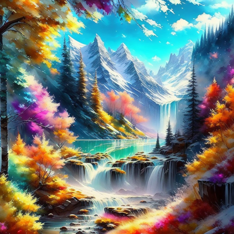 Fantasy landscape digital artwork with mountains, trees, waterfalls, and river