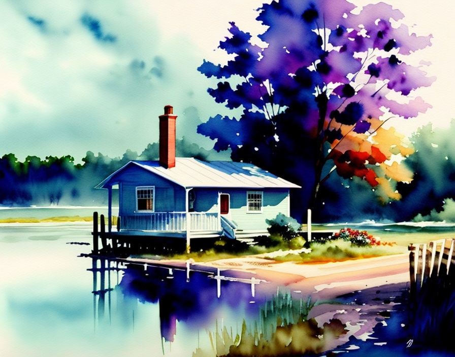 Blue Cottage with Red Chimney by Tranquil Lake and Vibrant Foliage