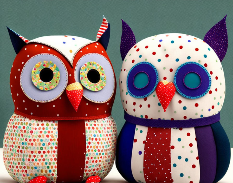 Colorful Stylized Owl Figurines on Teal Background