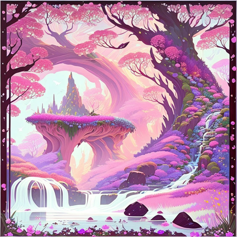 Fantasy landscape with pink and purple foliage, twisted trees, waterfall, and castle