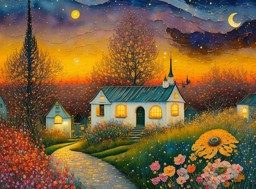 Colorful village scene: dusk, vibrant flowers, starry sky, cozy cottages