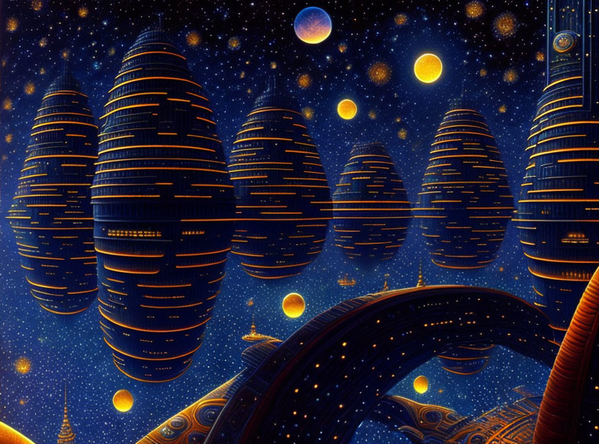 Futuristic space scene with glowing egg-shaped structures in starry sky