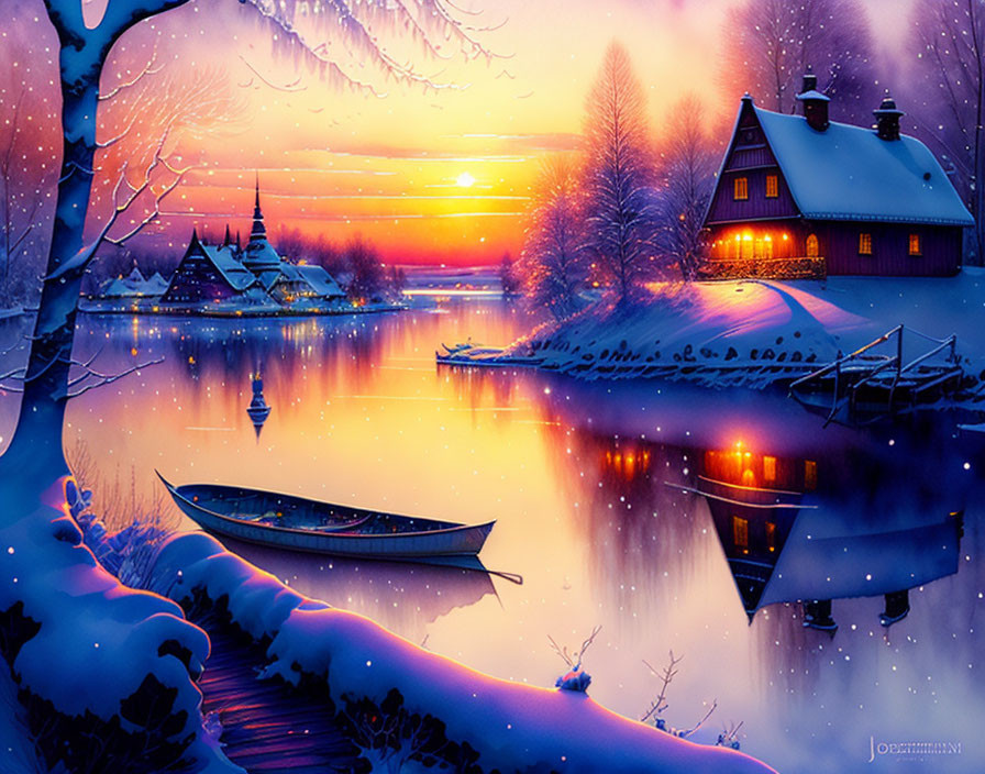 Snow-covered landscape with cozy cottage by calm lake at sunset