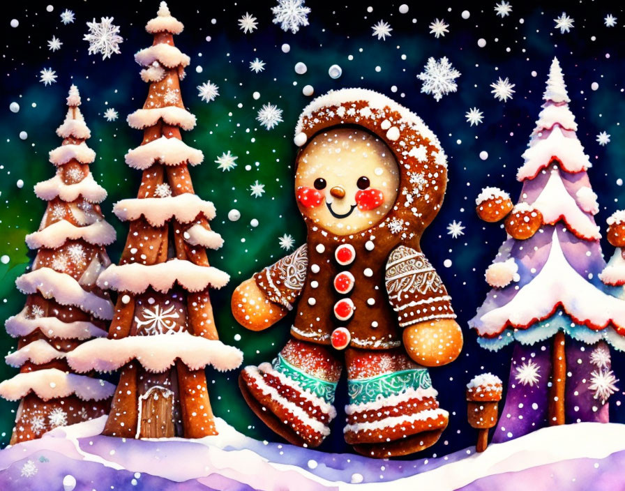 Vibrant Gingerbread Man in Winter Wonderland Scene