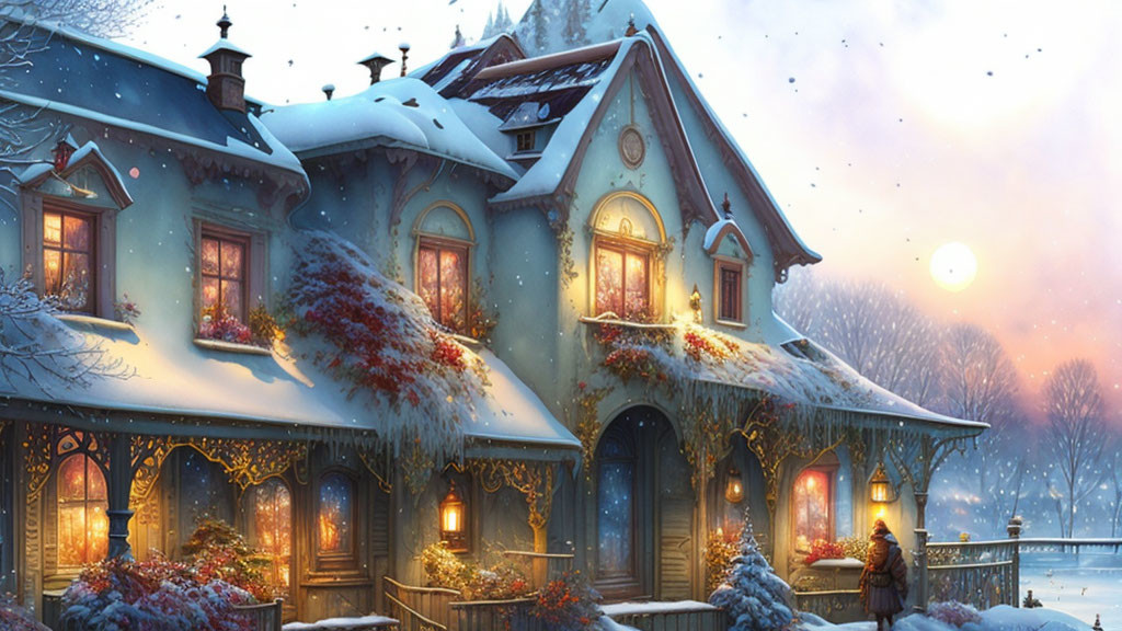 Snow-covered house with warm lights and ivy, person outside in snowy twilight