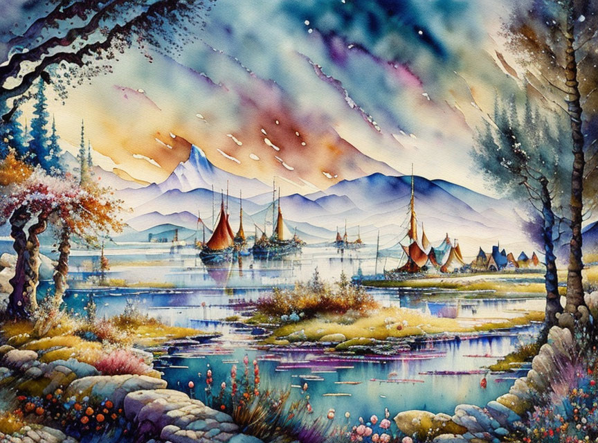 Vibrant starlit sky over tranquil river with sailing ships, colorful forests, mountains