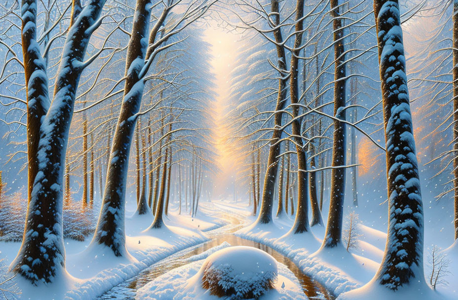 Snow-covered winter forest with sunlit path