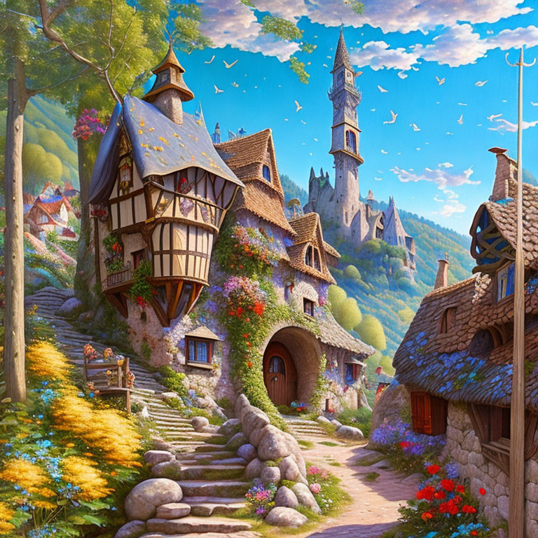 Fantasy village with quaint houses, gardens, and castle under blue sky