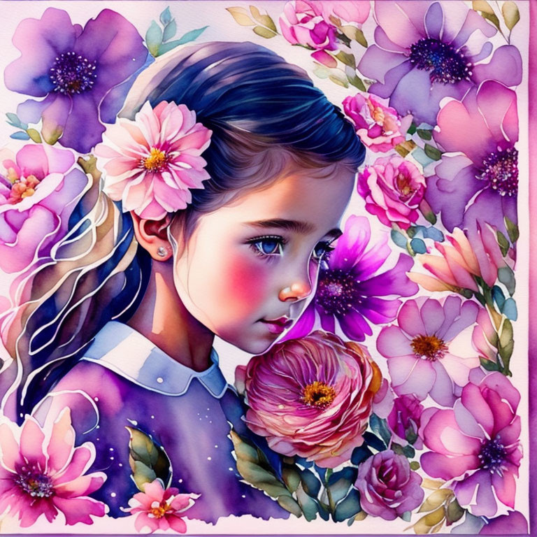 Colorful illustration: Young girl with flower in hair amidst pink and purple flowers