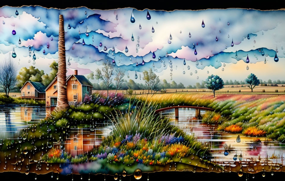 Colorful countryside scene with rain effect, houses, pond, and lush flora under cloudy sky