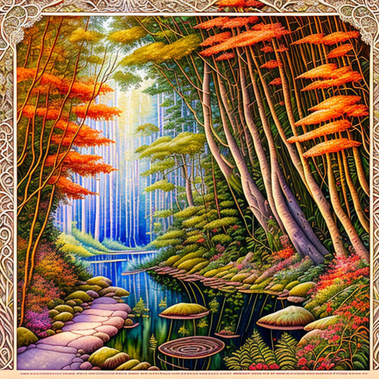 Illustration of Enchanted Forest with River, Waterfall, and Colorful Flora