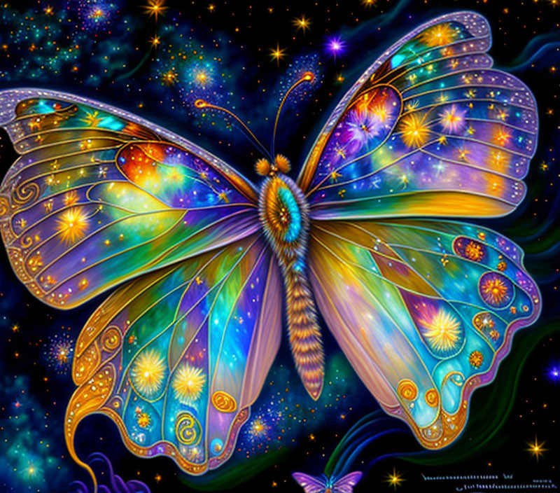 Colorful Butterfly with Cosmic Wings on Starry Night Sky