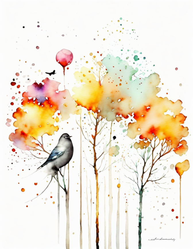 Colorful Abstract Trees Watercolor Painting with Birds