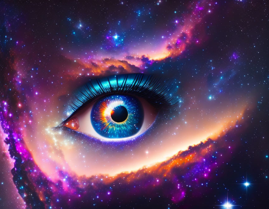 Human eye on colorful nebula background symbolizing vision in cosmos