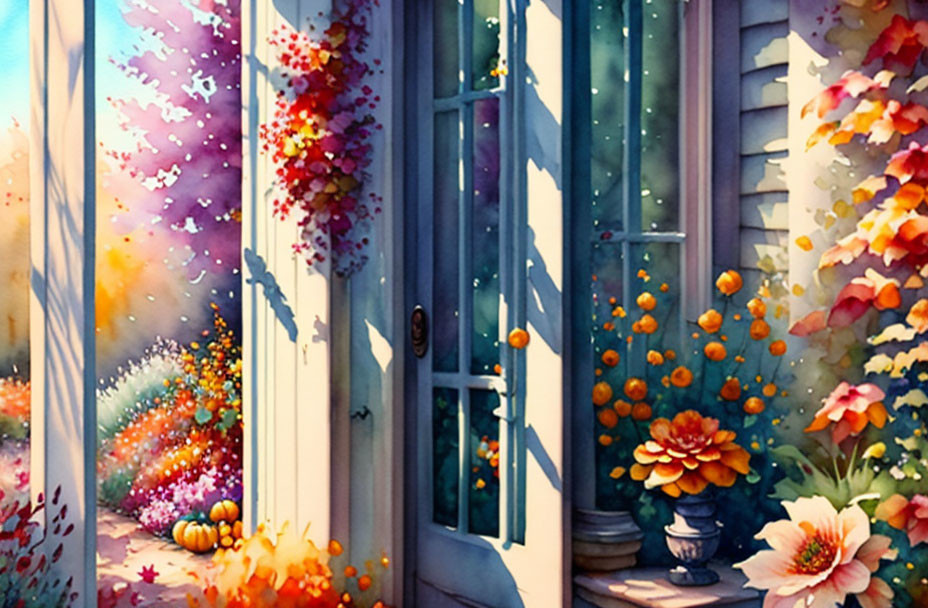 Vibrant Watercolor Painting of Cozy Entrance with Flowers and Autumn Decor