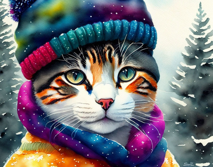 Winter-themed Cat Illustration with Hat, Scarf, Snowflakes, and Pine Trees