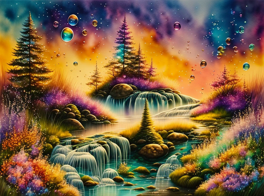 Colorful Fantasy Landscape with Waterfall and Iridescent Bubbles