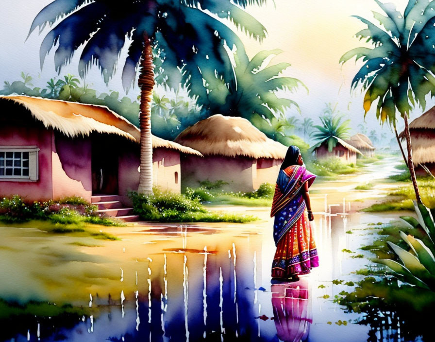 Vibrant watercolor of serene village with palm trees and woman in sari