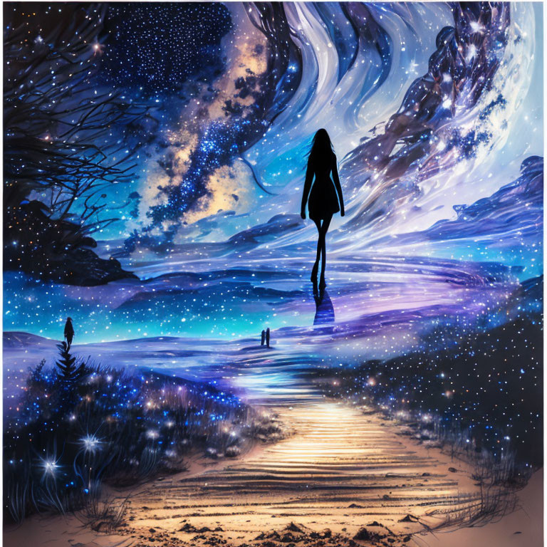 Silhouette of person walking in mystical starry landscape