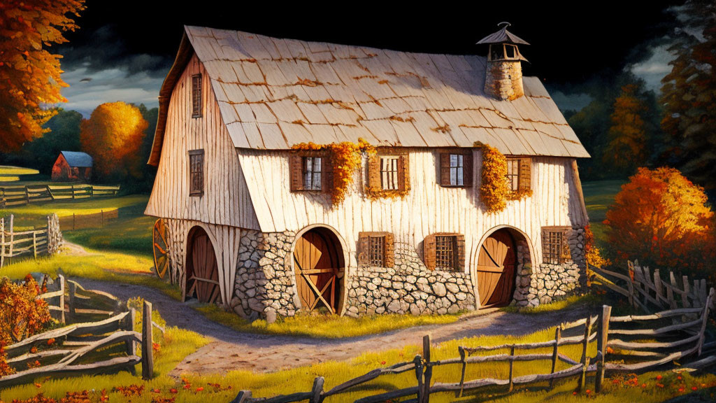 White Barn with Stone Foundation Surrounded by Autumn Vines and Fall Foliage