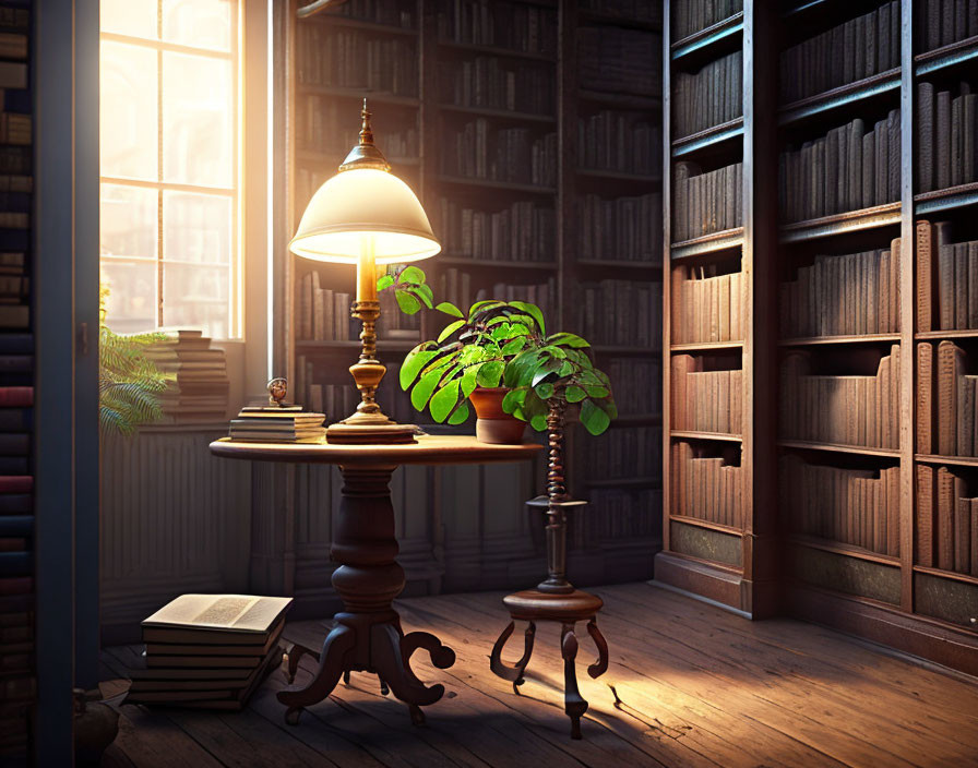 Cozy reading nook with lamp, plant, book, and bookshelves in sunlit room