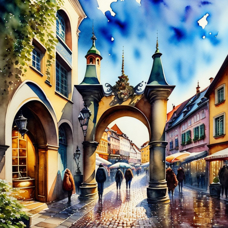 Vibrant watercolor painting of a bustling European street