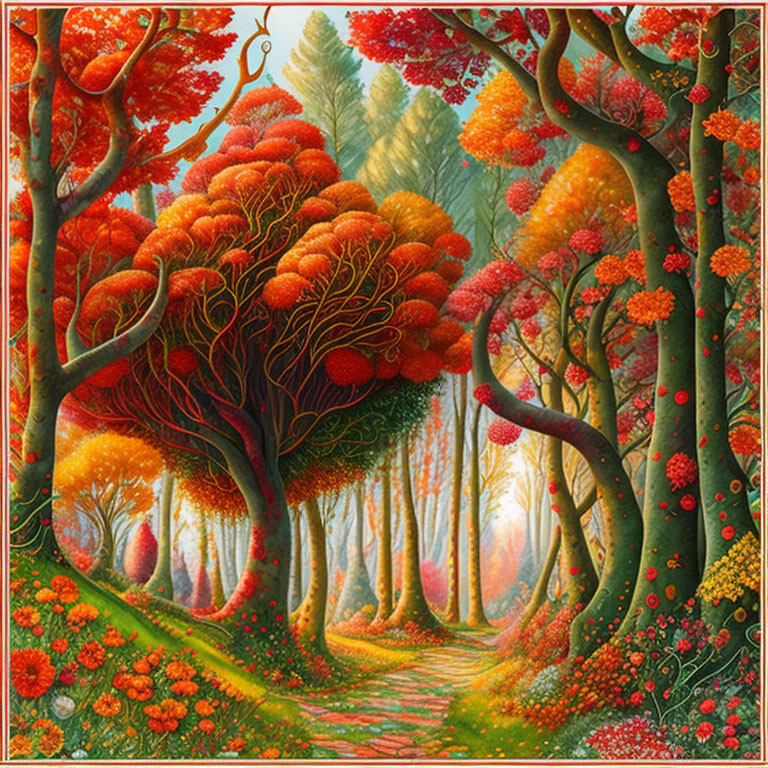 Colorful Fantasy Forest Pathway with Vibrant Foliage