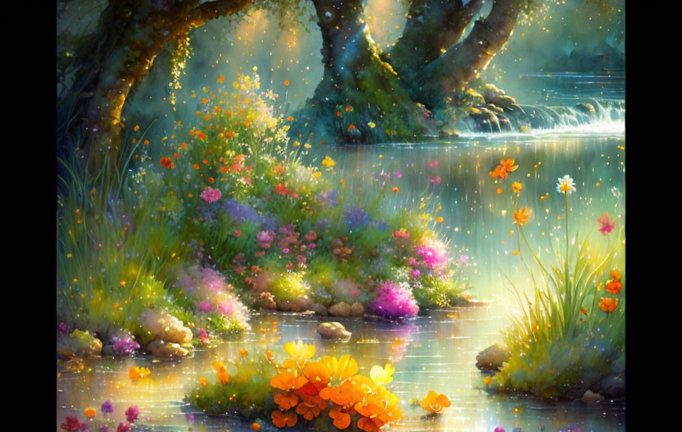 Serene forest scene with sunlight, stream, and colorful flowers