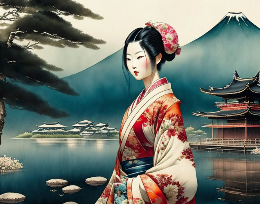 Traditional Geisha in Kimono by Serene Lake with Mt. Fuji and Pagoda