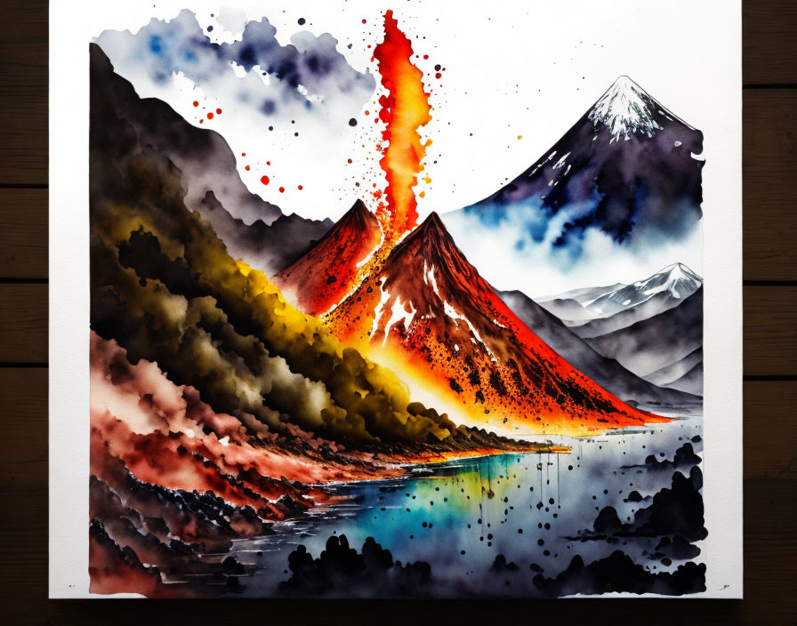 Colorful watercolor painting: volcanic eruption, lava flow, ash clouds, mountains, lake reflection