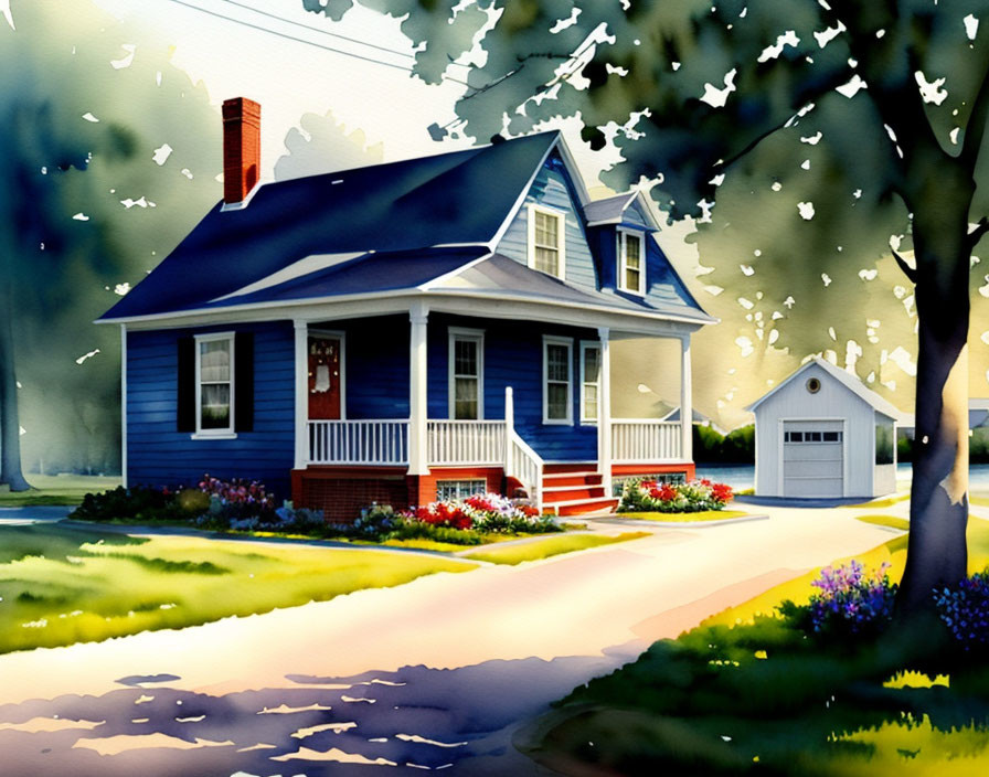 Vibrant watercolor painting of a blue house with porch and garage surrounded by greenery