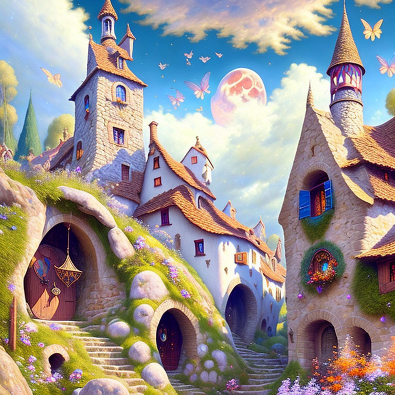 Colorful Fairy-Tale Village with Cozy Houses and Moonlit Sky