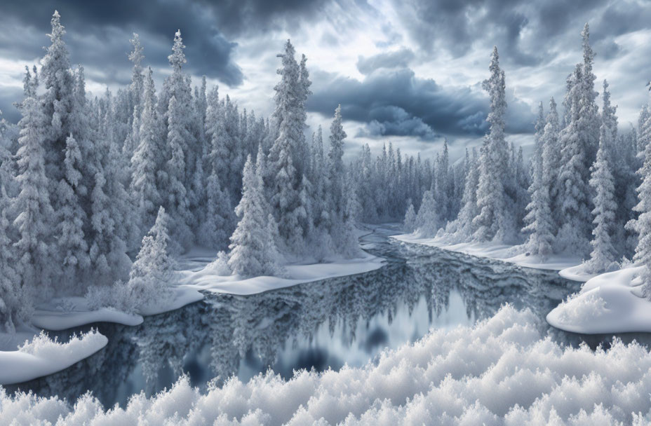 Snow-covered coniferous trees in serene winter landscape