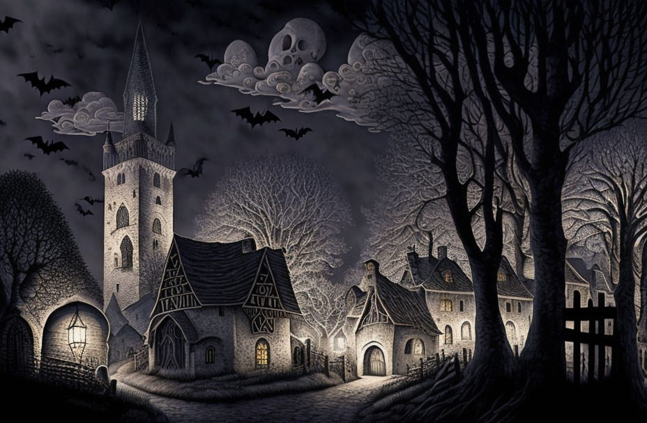 Gothic church, eerie houses, bats, and skull cloud in moonlit scene