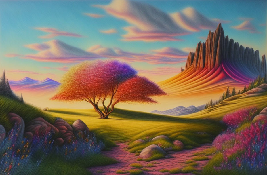 Colorful landscape painting: whimsical tree, rolling hills, striated rocks, pastel sky.