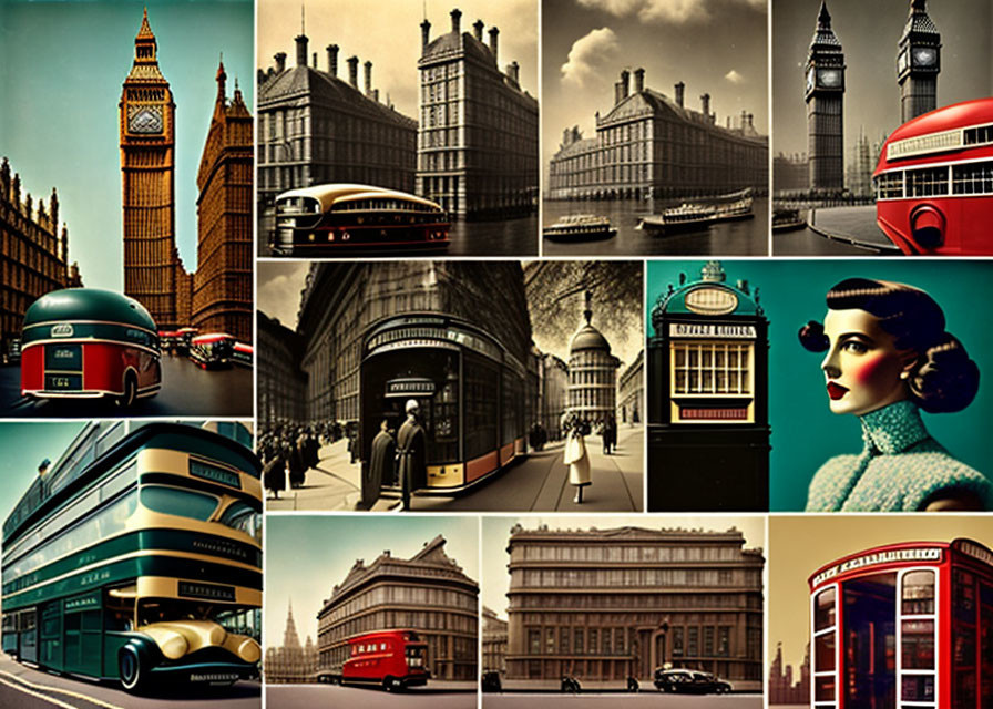 Sepia-Toned London Collage: Big Ben, Double-Decker Buses, Classic Cars