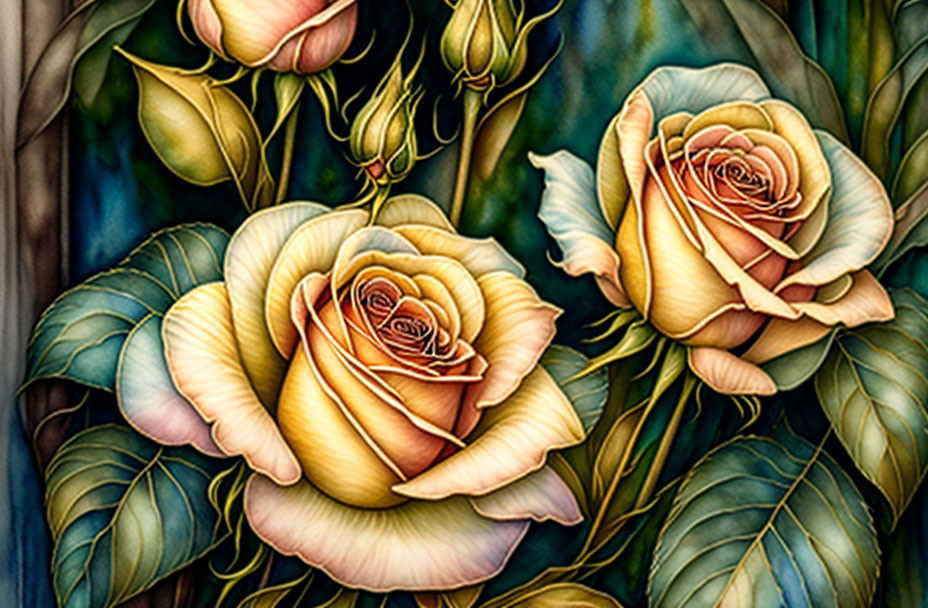 Vibrant yellow roses with pink edges on blue background