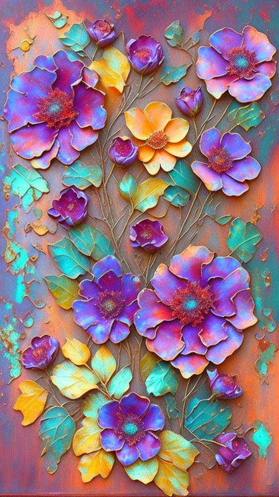 Colorful Floral Painting with Blue, Purple, & Gold Flowers