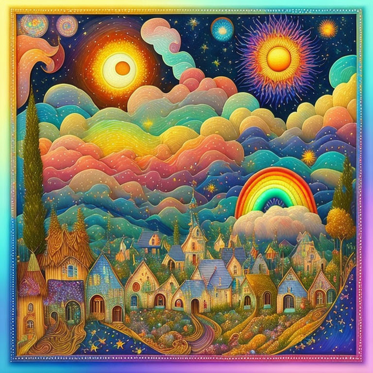 Colorful surreal landscape with celestial bodies and fantasy architecture.