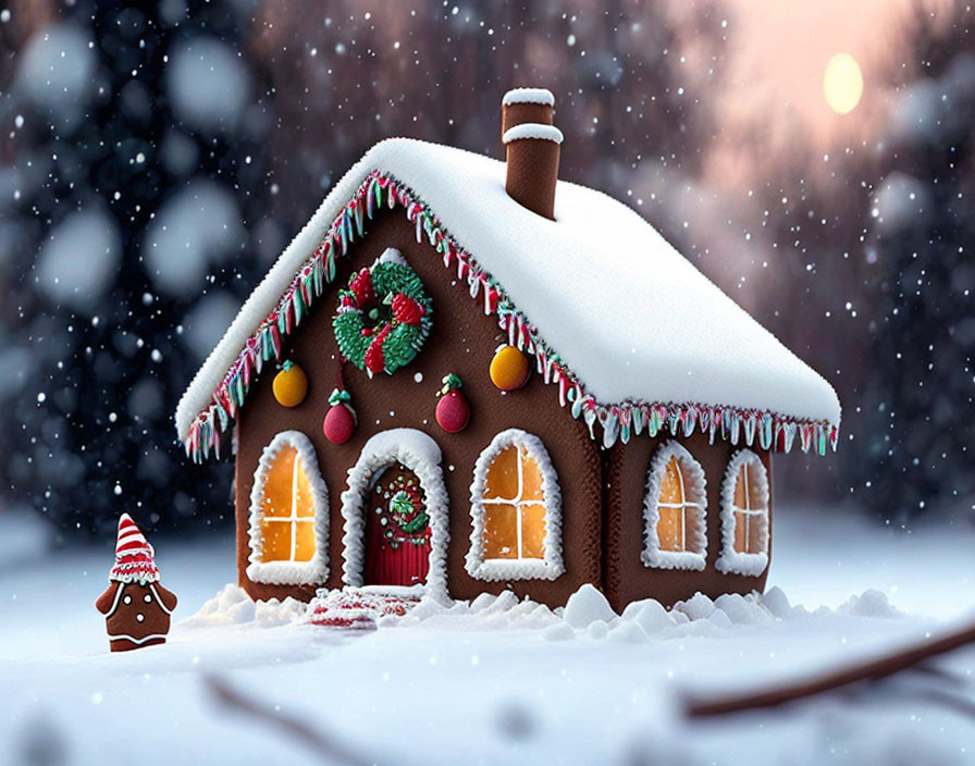 Colorful Gingerbread House with Snowy Winter Sunrise