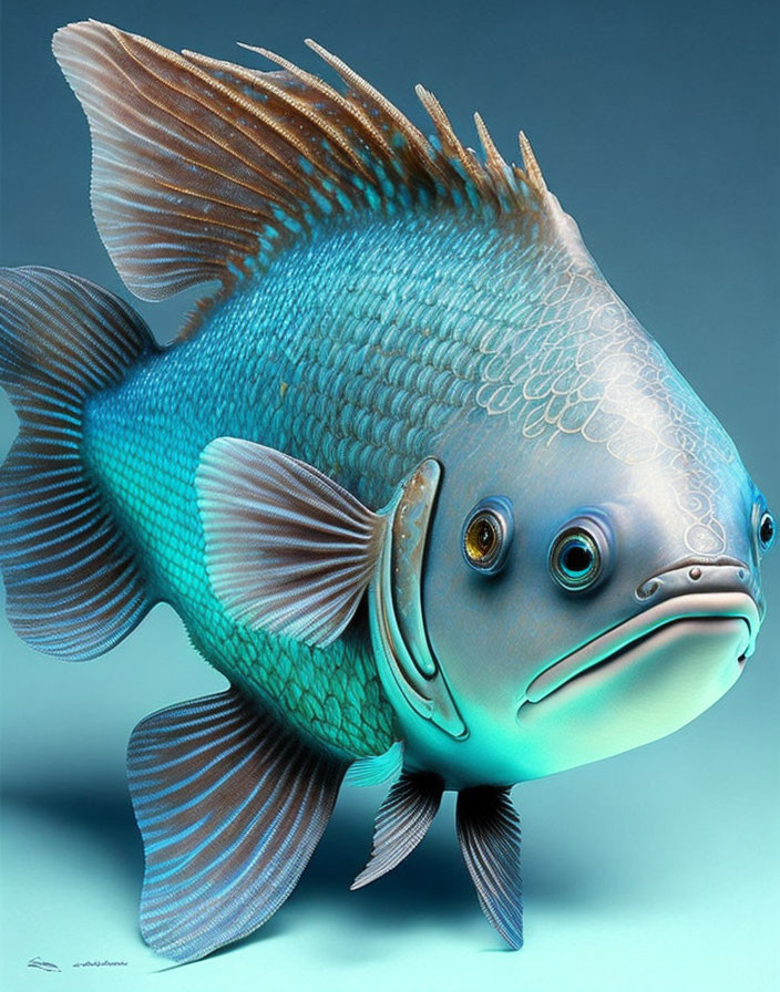 Whimsical digital illustration of a human-like fish with textured blue and white scales